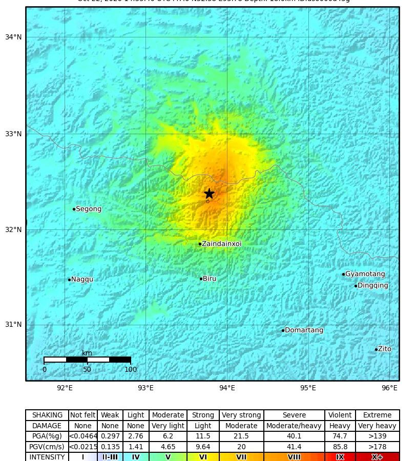 USGS ShakeMap of the Oct. 22, 2026 magnitude 7.0 Tibet earthquake: color-coded shaking intensity around a star marking the epicenter, with an intensity legend below.