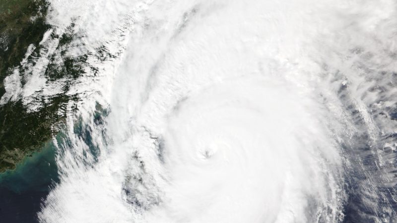 Satellite image of Typhoon Champi: a large white spiral of cloud with a small eye, east of Taiwan, with the China coast at the left.