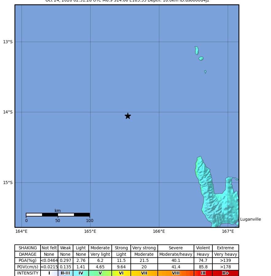 USGS ShakeMap of the Oct. 24, 2026 magnitude 6.9 Vanuatu earthquake: a star in open ocean northwest of the Vanuatu islands, with an intensity legend below.